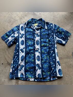 Vintage Ui Maikai Hawaiian Aloha Shirt Mens Blue Floral Mask Drums Tiki